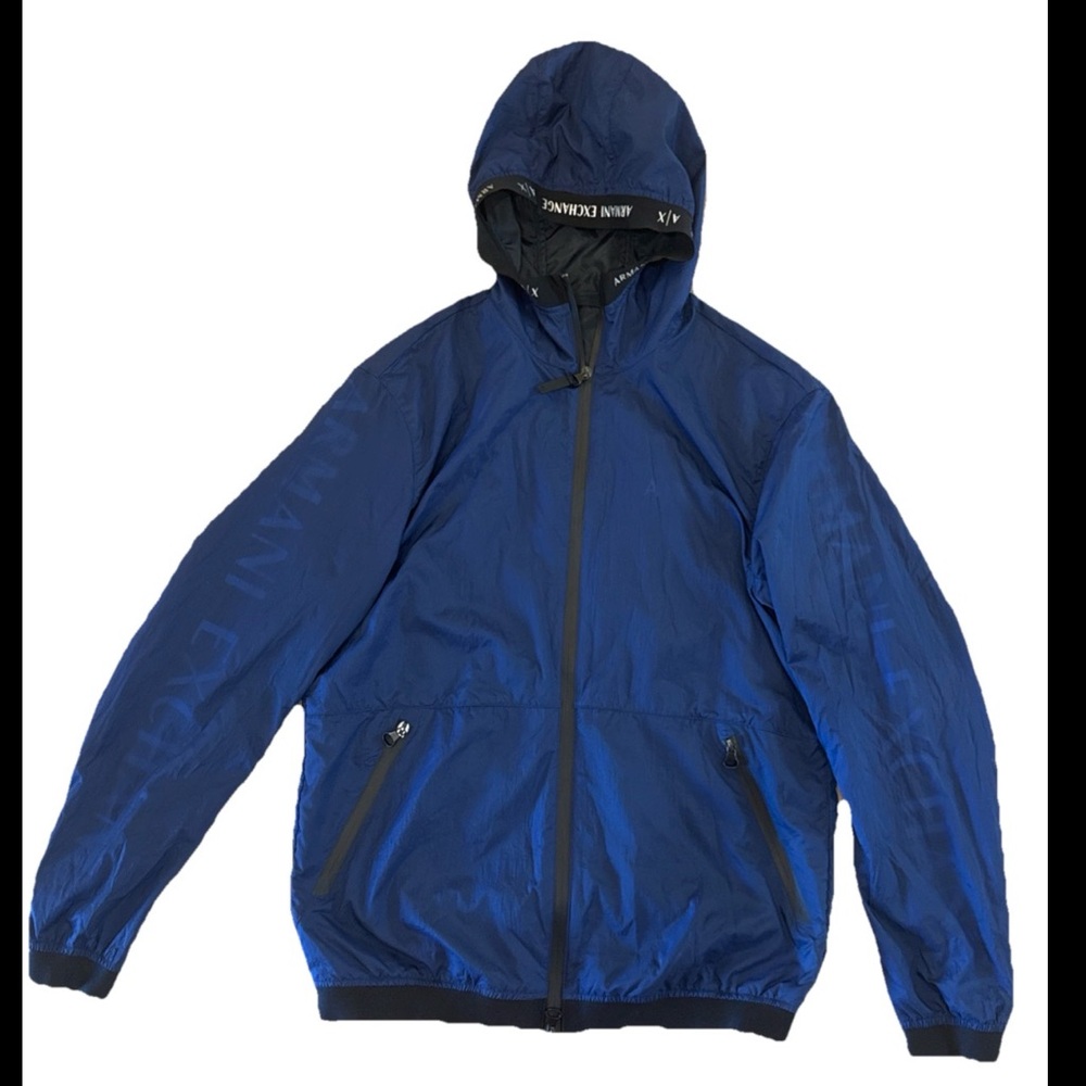 Armani Exchange AX Men’s Blue Windbreaker Jacket Hooded Size S Water Resistant